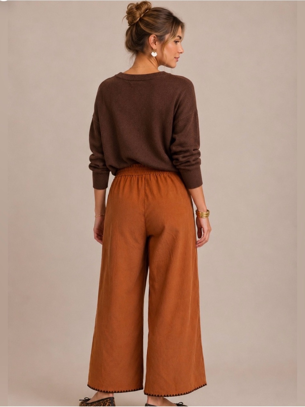 Women's Rust Wide-Leg Fine Corduroy Drawstring Pants - Picture 2 of 4
